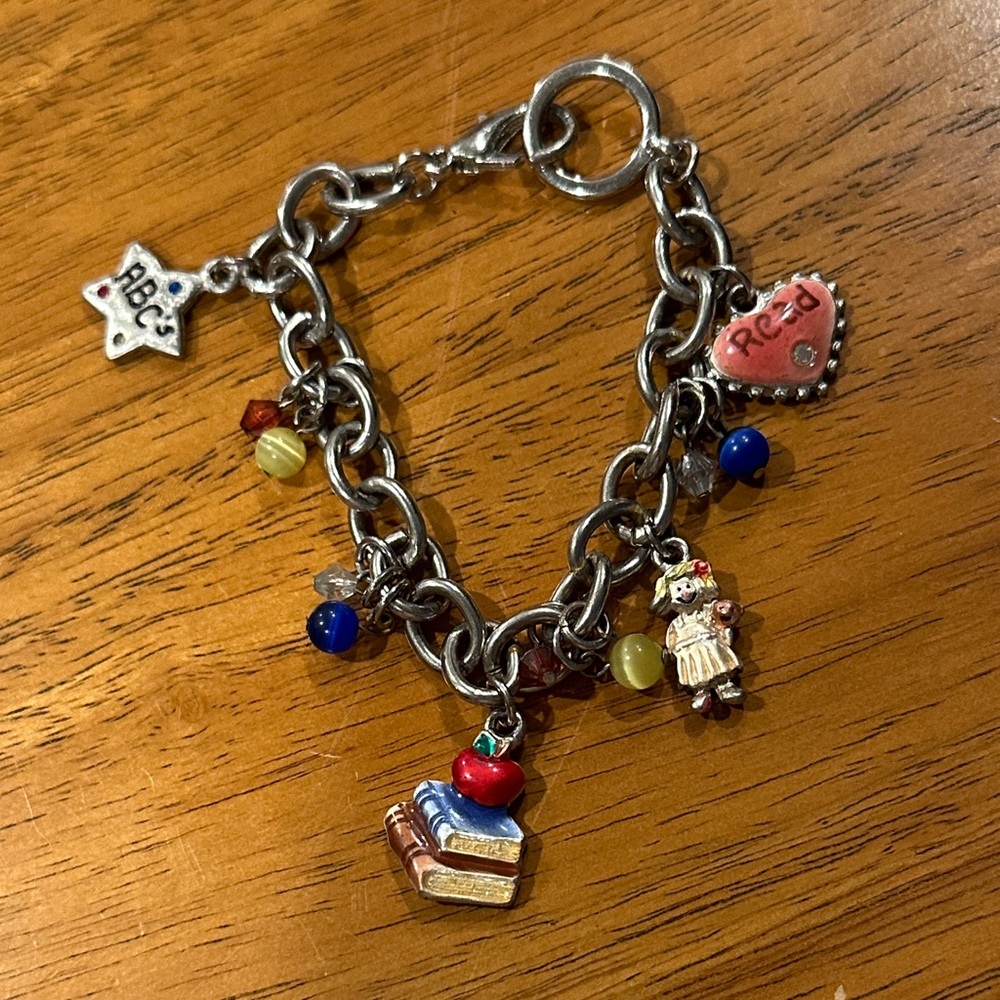 Teacher Inspired Silver Bracelet with Colorful Enamel Charms and Crystals.